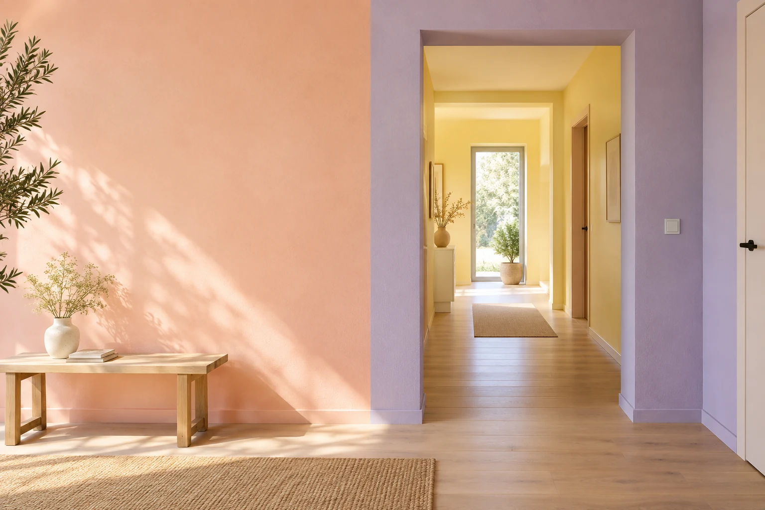 Raumgestaltung in Pfirsich und Lavendel – KI-generierte Inspiration